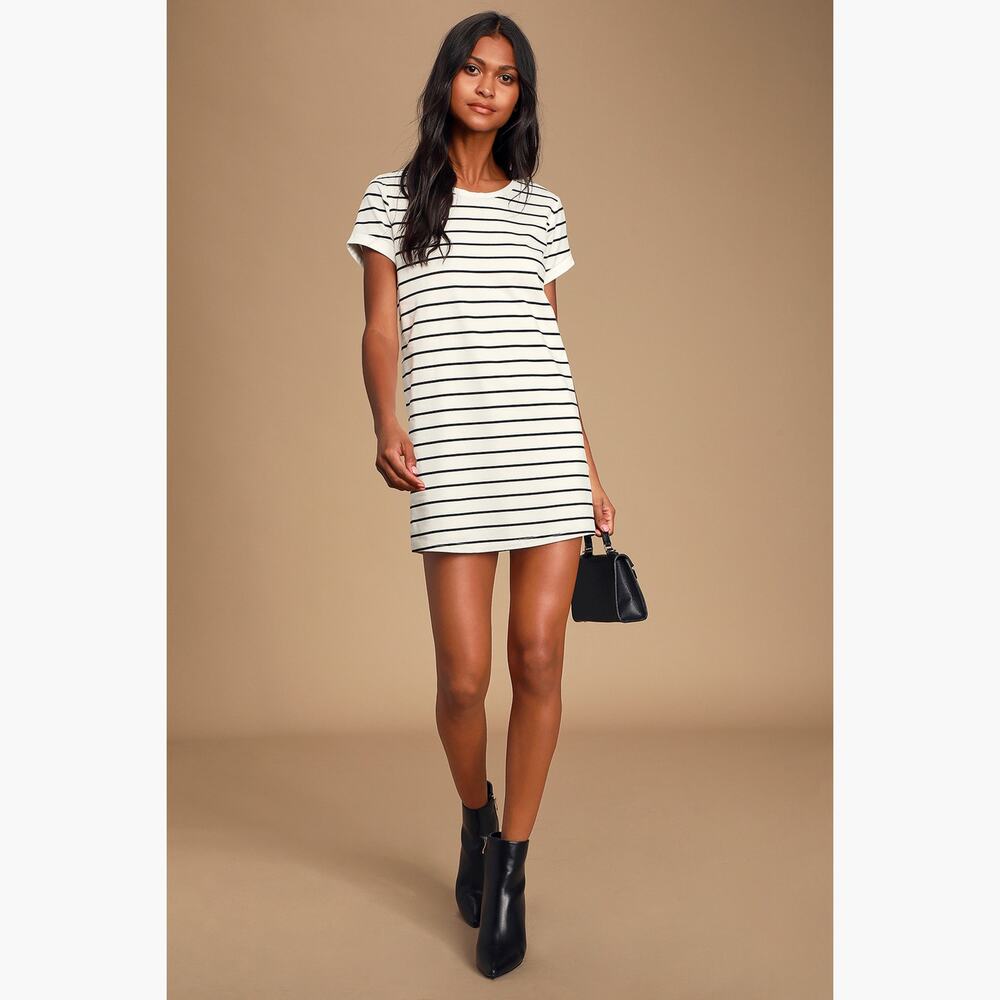 NWT LULUS "Cafe Society" Striped Shirt Dress (Black/Cream | Size XS) - Picture 2 of 7